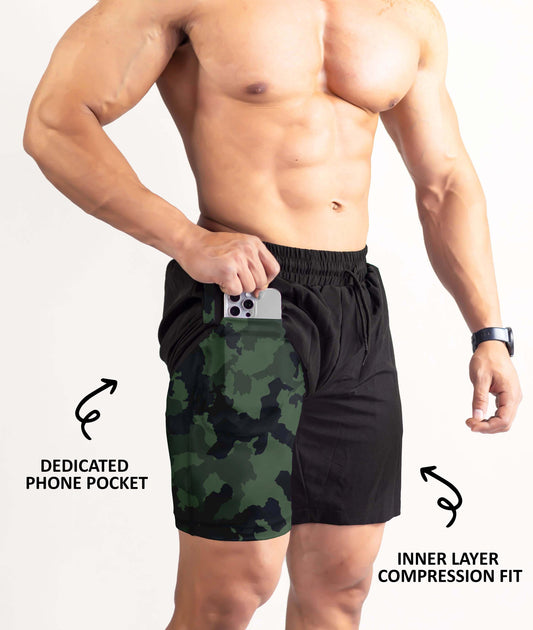 2-in-1 Compression Shorts with phone pocket: Military Camo - GymX