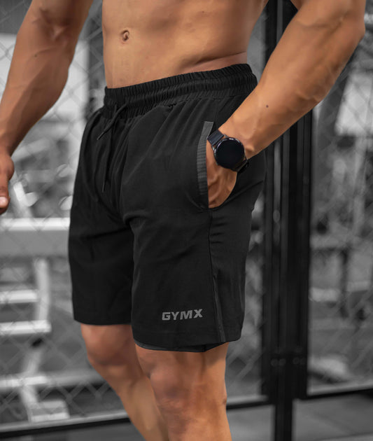 2-in-1 Compression Shorts with phone pocket: Black Camo - GymX
