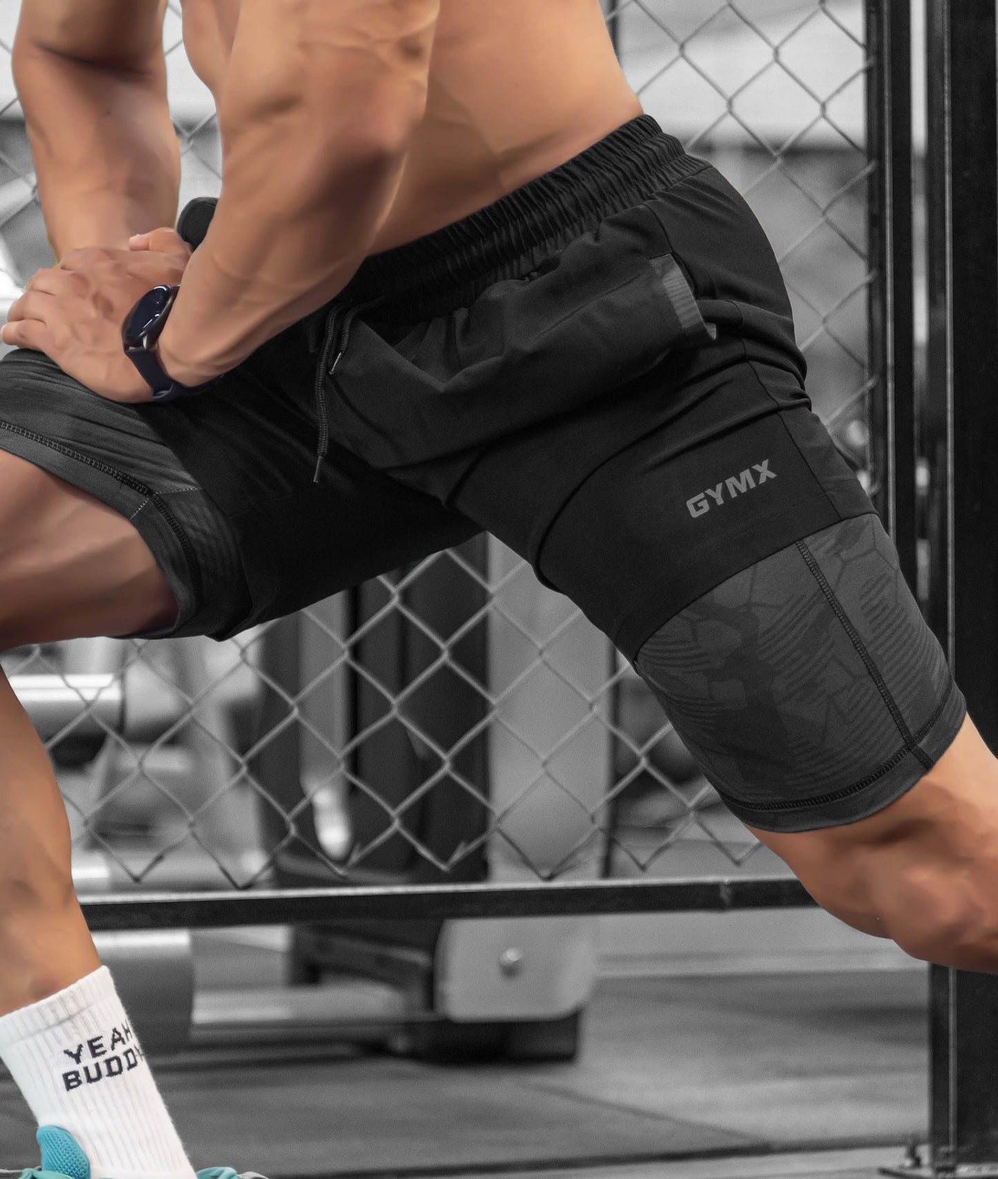 2-in-1 Compression Shorts with phone pocket: Black Camo - GymX