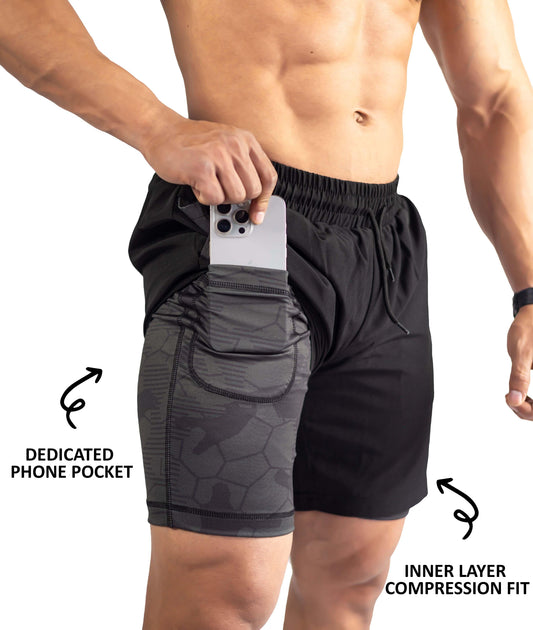 2-in-1 Compression Shorts with phone pocket: Black Camo - GymX