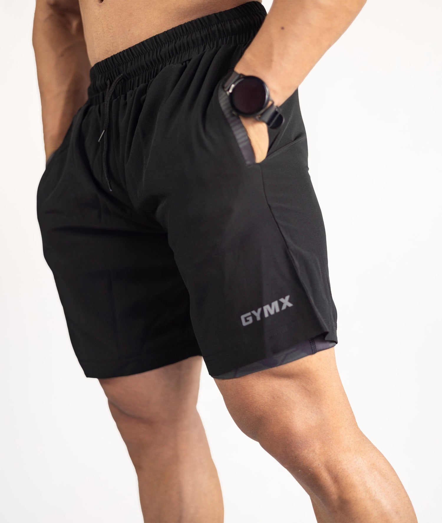 2-in-1 Compression Shorts with phone pocket: Black Camo - GymX