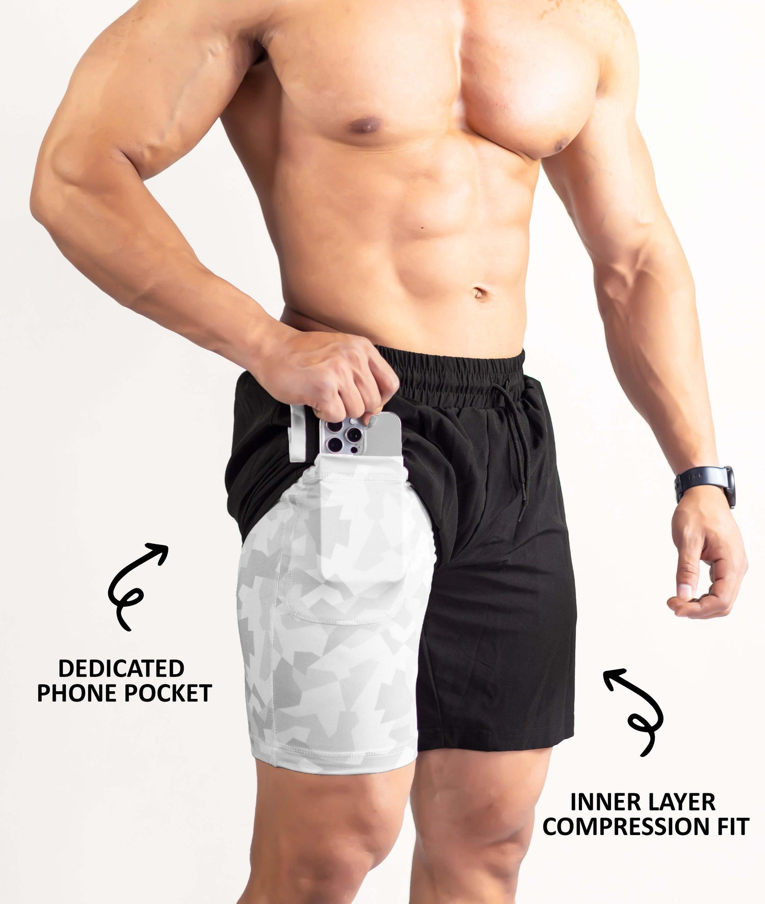 2-in-1 Compression Shorts with phone pocket: Snow Camo - GymX