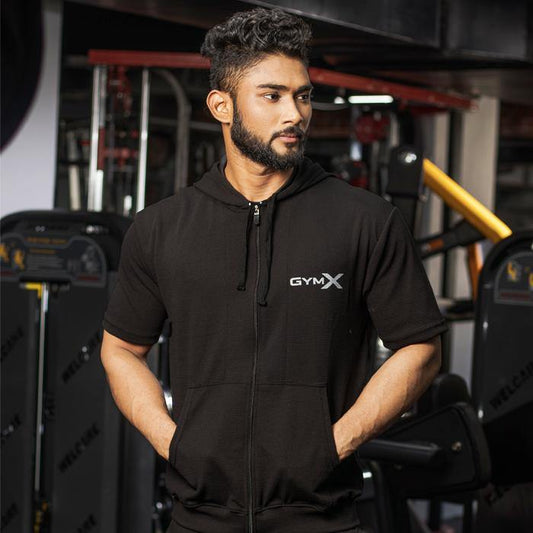 Flex Perfect Black Half Sleeve Hoodie (4 Way Stretch)- Sale - GymX