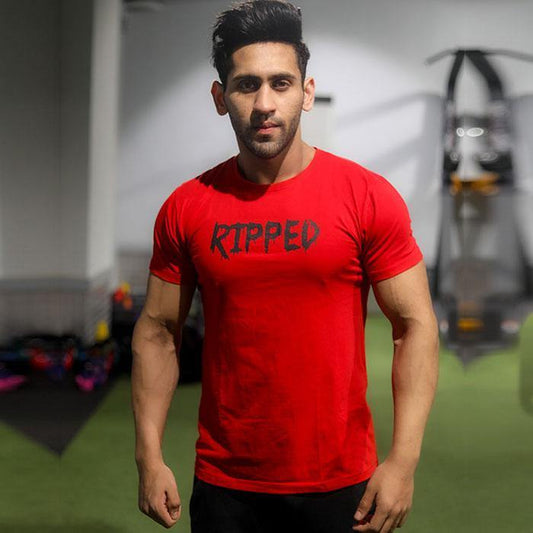 Ripped Blood Red Tee (4 way stretch) - GymX