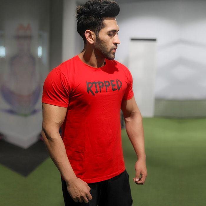 Ripped Blood Red Tee (4 way stretch) - GymX