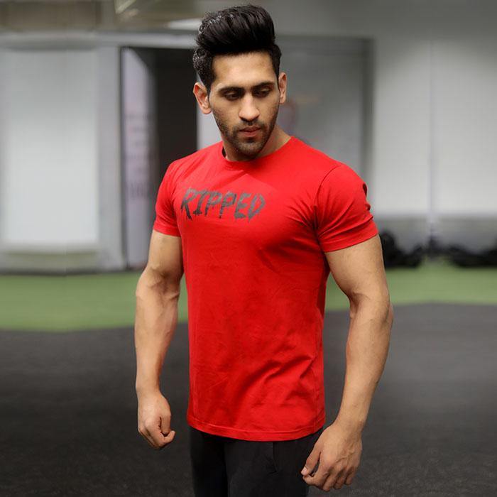 Ripped Blood Red Tee (4 way stretch) - GymX