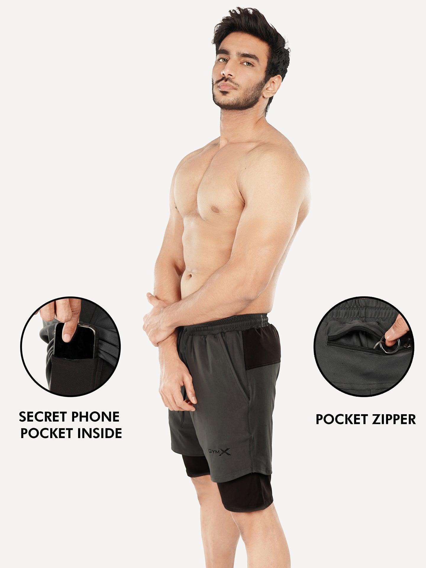 2in1 Running Mens Sports Shorts Built-in Phone Pocket Liner